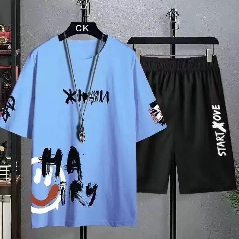 Youth/Vitality Style Men's Fashion Beach Set Summer Street Sports Set 2-piece Korean Tshirt Set Campus Couple Tshirt Set