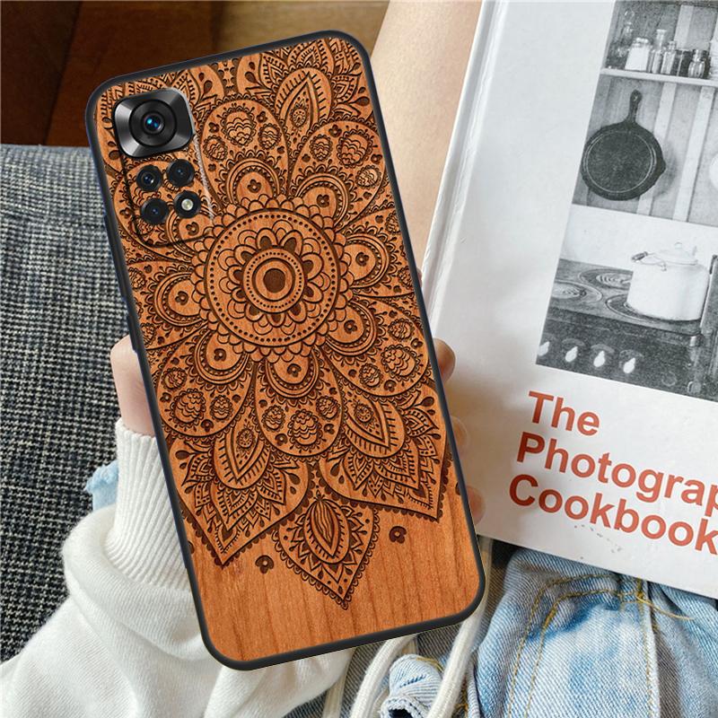 Mandala Floral Wood Phone Case For Xiaomi Redmi Note 12 12S 12C 13C 10 10C 10A 9 9C 10S 11S 11 Pro Soft Cover