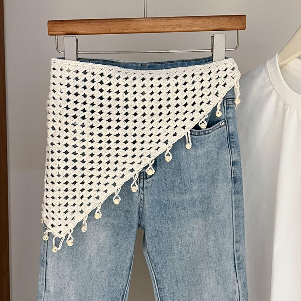 Bohemian Tassel Knitted Triangle Scarf Countryside Style Ethnic Style Crochet Flower Scarves Clothes Decoration White