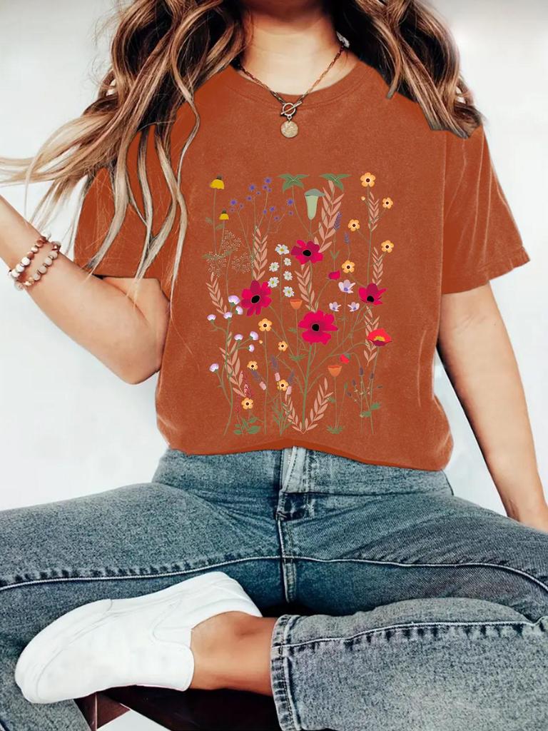 Floral Print Round Neck Short Sleeve Women's Summer T-Shirt