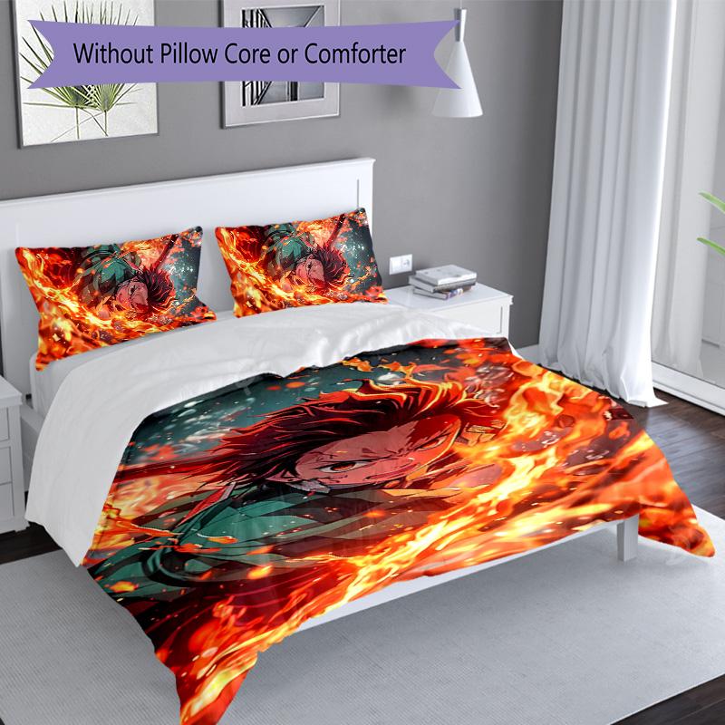 3pcs Demon Slayer Tanjiro Kamado pattern bedding set duvet cover set includes duvet cover &pillowcases, perfect all season bedroom decoration & gift