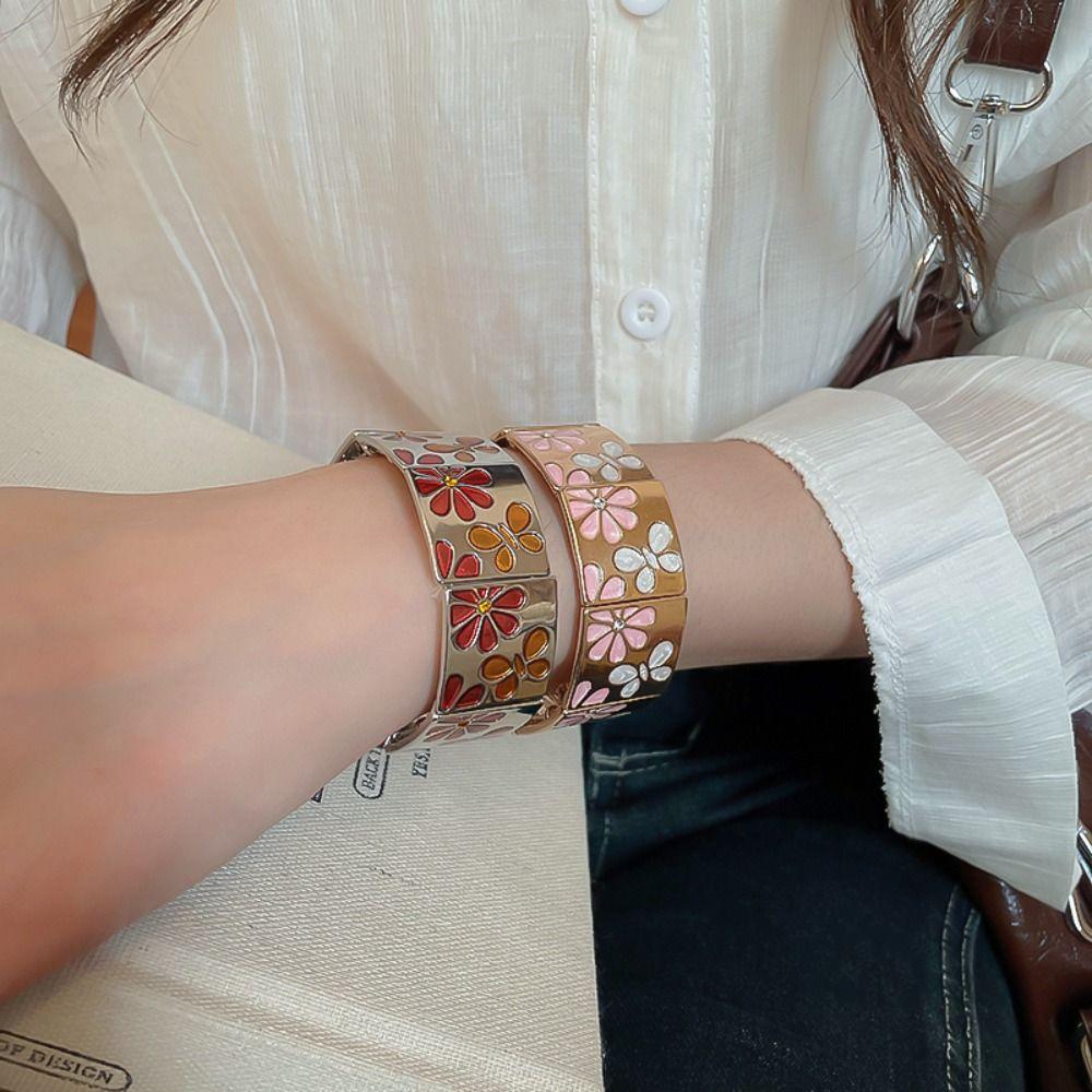 Металлический браслет-капля масла с цветком, серебряные эластичные браслеты, геометрический квадратный браслет, украшение