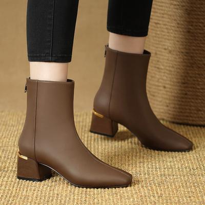 Полностью кожаный стиль, ботинки челси 2025, новый толстый высокий каблук, квадратный носок, женская обувь, ботинки-сигареты, коричневые, короткие ботинки