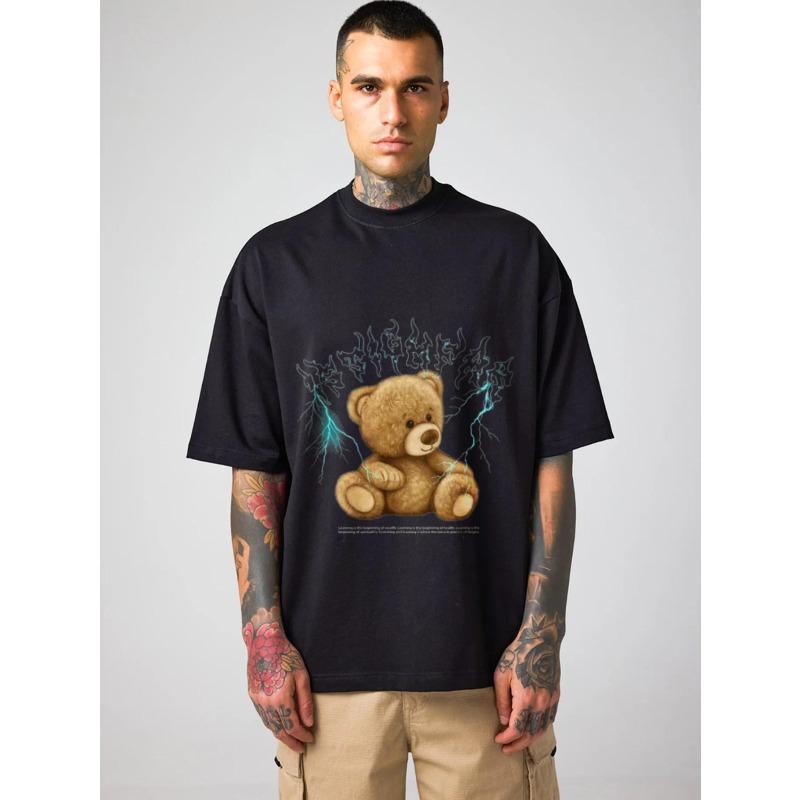 Футболка оверсайз черная с графикой плюшевого мишки с молнией и готическим текстом, уличная одежда, повседневная одежда