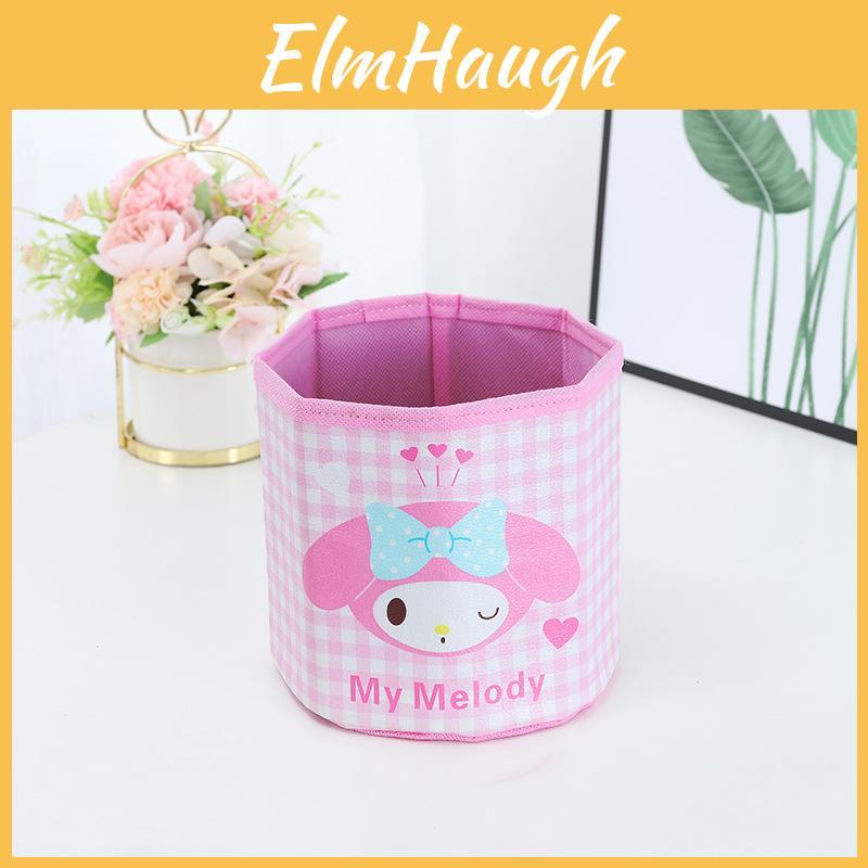 Pu Cartoon Grid Round Storage Bin With Foldable Design For Desk Organization And Office Use