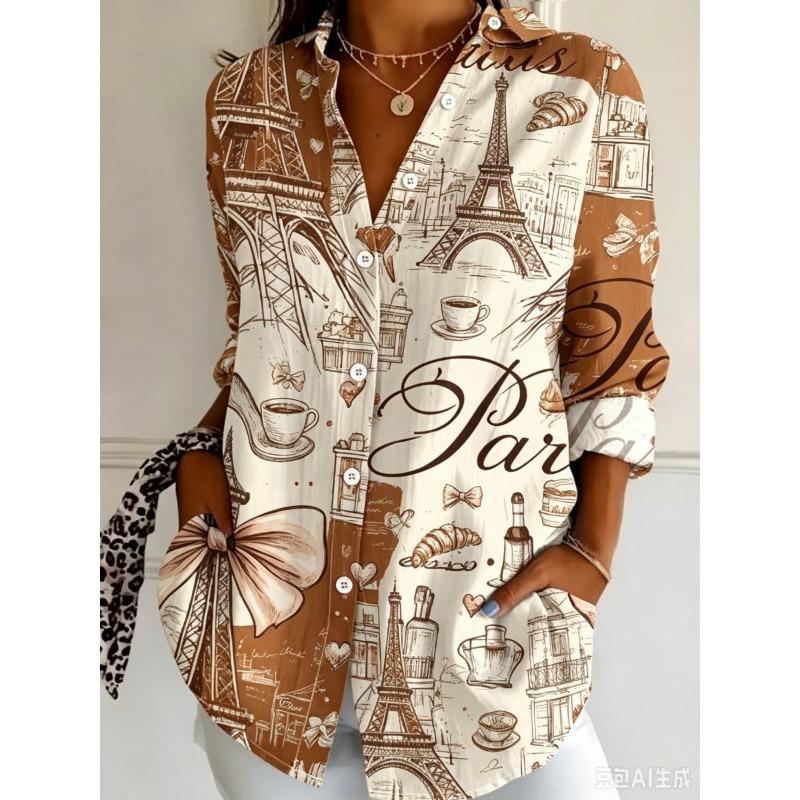 Women's Long Sleeve Button Down Shirt Paris Eiffel Tower Print Casual Loose Blouse Tops, Multiple Colors Available