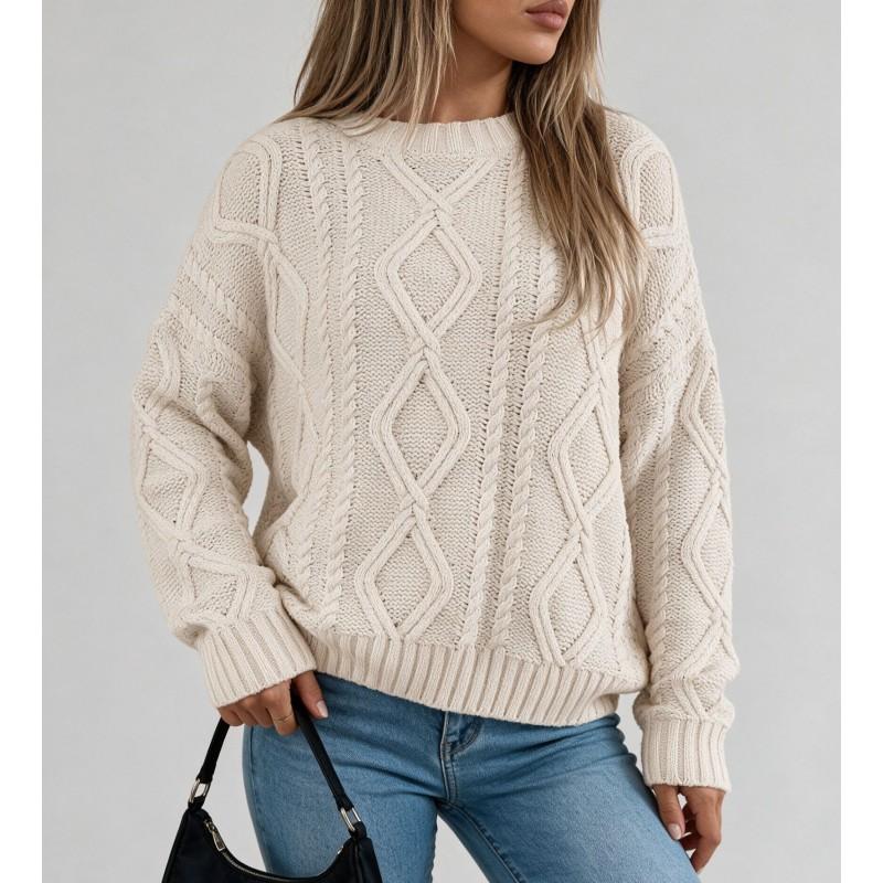 Womens Oversized Cable Knit Crewneck Sweater Winter Loose Fit Acrylic Pullover Streetwear Casual Style