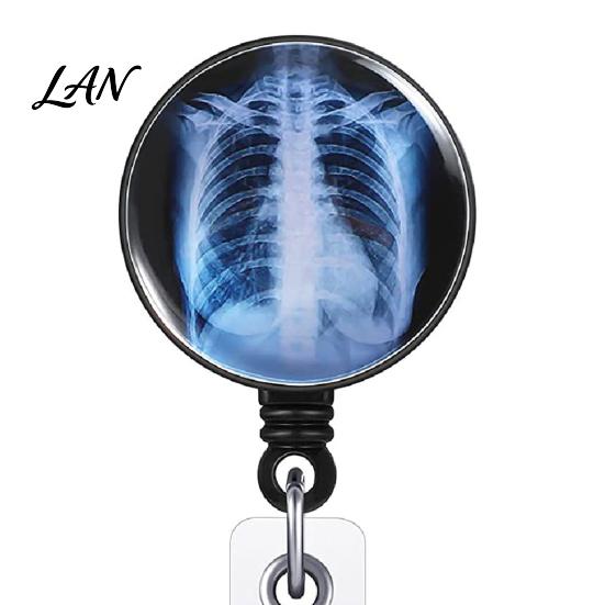 ID Card Holder Radiology Badge Reel, Retractable Skeleton with Clip, Chest Medical Student Skull Bones Patterns Name for Nurse Doctor Cards Clip