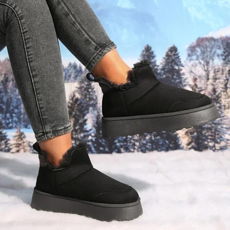 Женские нескользящие ботинки на плоской подошве, теплые плюшевые зимние ботинки, зимняя повседневная обувь на толстой подошве, новинка 2024 года, замшевые ботинки для ходьбы Femininas