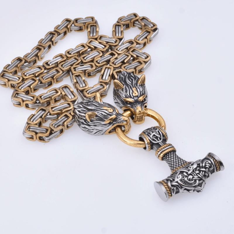 Men's domineering wolf head necklace Viking Thunderhammer pendant necklace