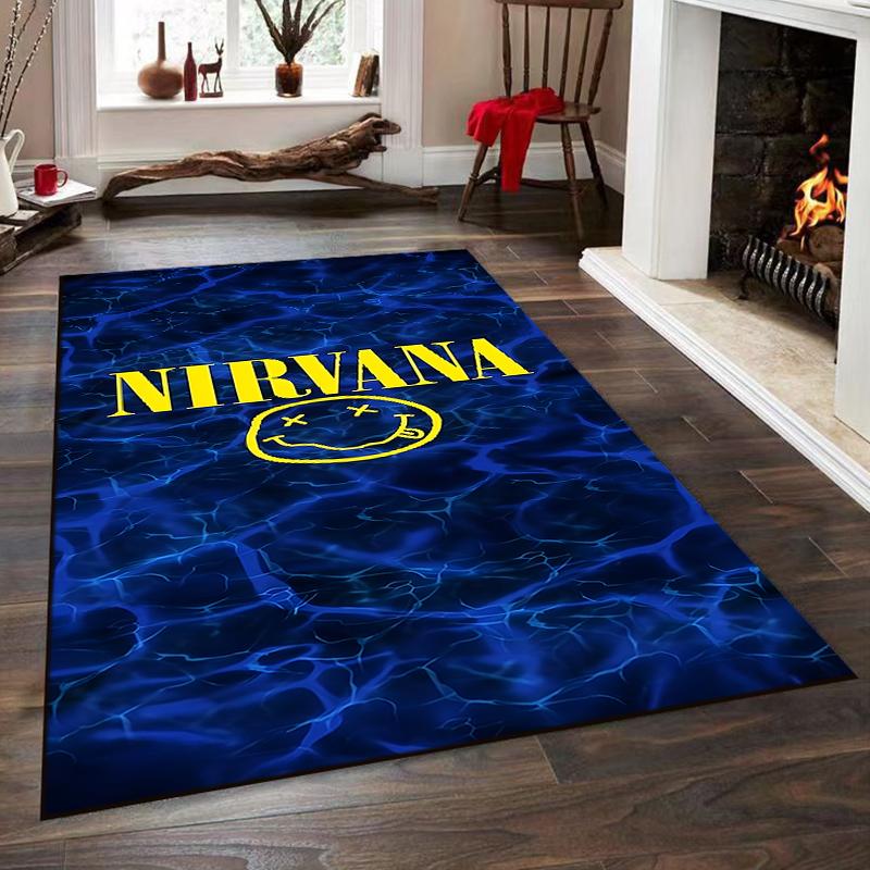 Nirvana Logo with Blue Water Background Non-slip rug suitable for living room and bedroom sofas