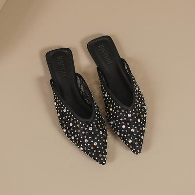 Модные женские кружевные тапочки с острым носком, шлепанцы с кристальной отделкой, летняя обувь для женщин, вышивка, сетка, сандалии женские, тапочки, большой размер 43