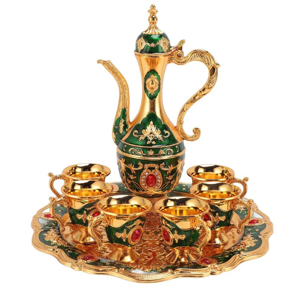 8PCS Zinc Alloy Wine Pot Kit Gold Green Turkish Tea Set Tea Sets Coffee Pot Set Home Party Decor