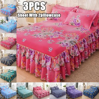3 шт. комплект постельного белья простыня с 2 наволочками с принтом цветов юбка для кровати домашний текстиль нескользящий наматрасник покрывало