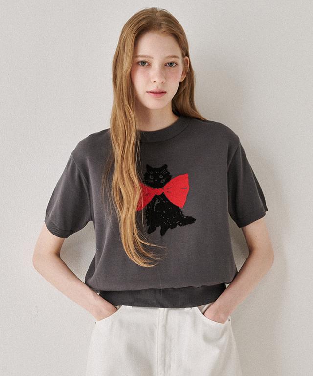 RONRON Ribbon Cats Short Sleeve Knit Charcoal