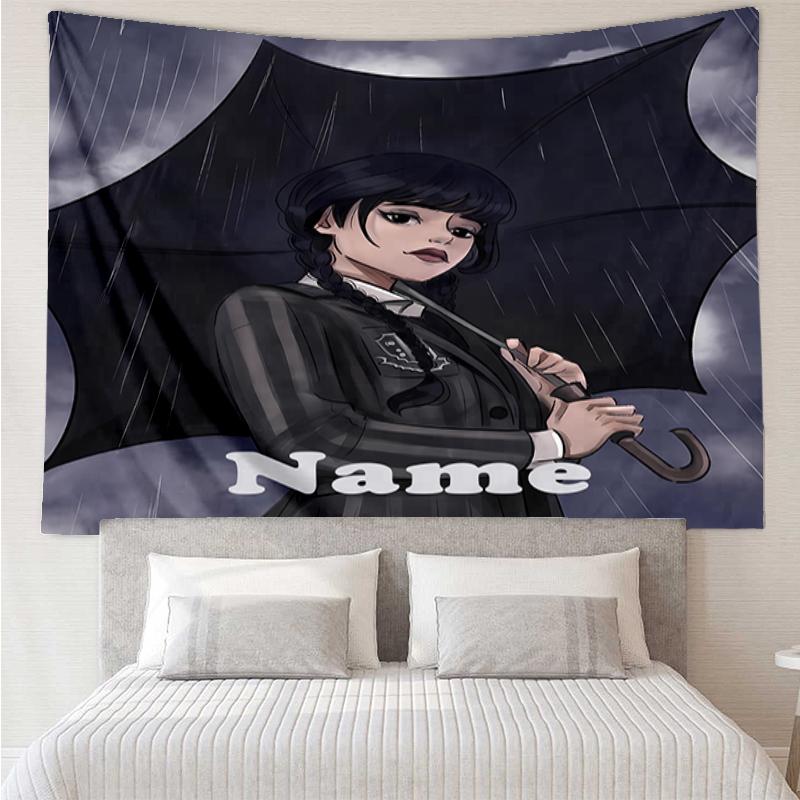 Custom Name Wednesday Print Tapestry, Backdrop, Easy Setup, Ideal for Bedroom, Office & Living Room, with Aesthetic Wall Hanging Decor.