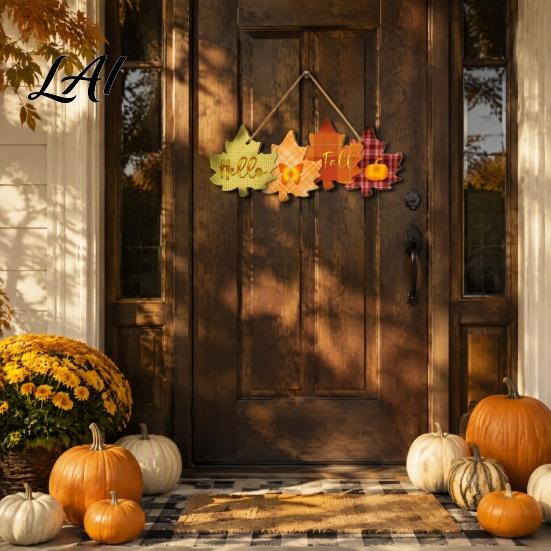 Thanksgiving Porch Decor Autumn Welcome Sign with Hanging Rope for Front Door Rustic Maple Leaf Shape Wood Farmhouse Seasonal Door Hanger Pumpkin And