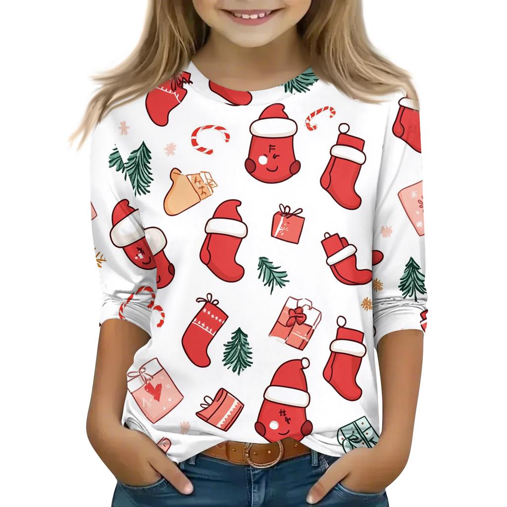 Рождественские топы с принтом для девочек-подростков 5-16 лет, футболки с круглым вырезом и рукавами 3/4, модные топы, нарядные футболки