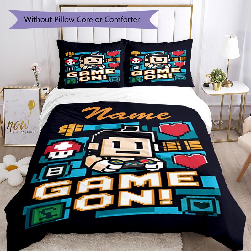 3pcs Custom Name Game Controller Bedding Set Duvet Cover Closure Includes 1 Duvet Cover & 2 Pillowcases, Soft and Comfortable for All Seasons.