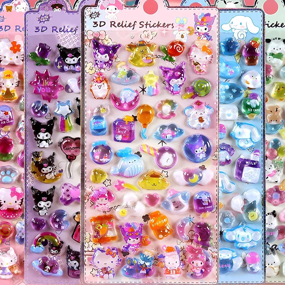 Cute Sanrio Kuromi My Melody 3D Relief Stickers Kawaii Girls Cartoon Crystal Sticker Handmade Diy Hand Account Decals Gifts