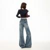 American heavy industry tie flower elastic non-stick legs loose slightly wide comfortable Spice girl fashion flared pants jeans women