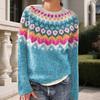 Women Sweater Round Neck Long Sleeve Patchwork Color Knitting Tops Loose
