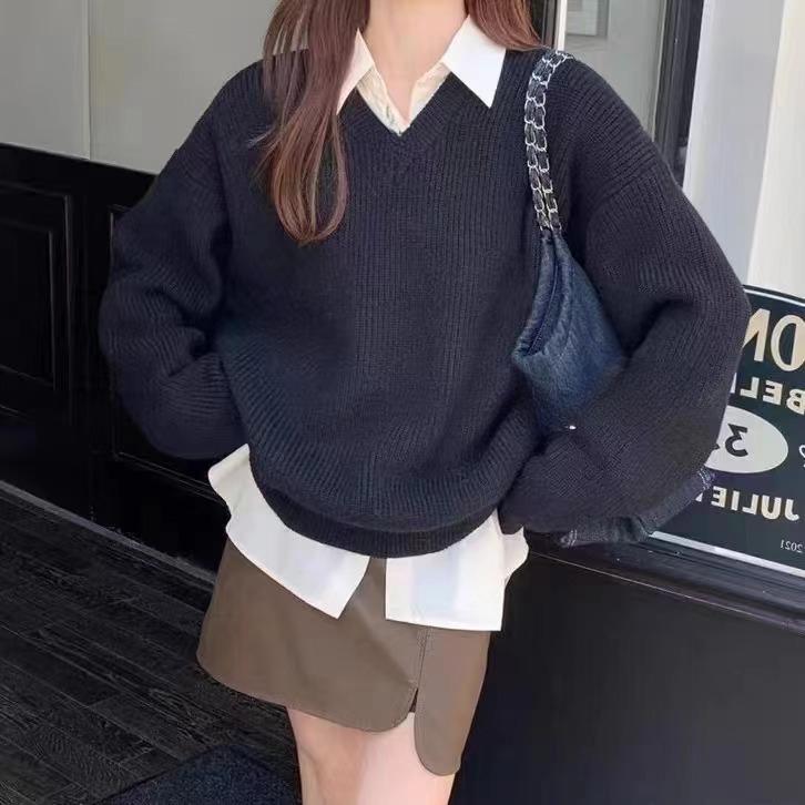 Свободный однотонный цветной лейбл в длинной секции свитер осень и зима V-образный вырез толстый иглой длинный рукав трикотажный свитер для женщин