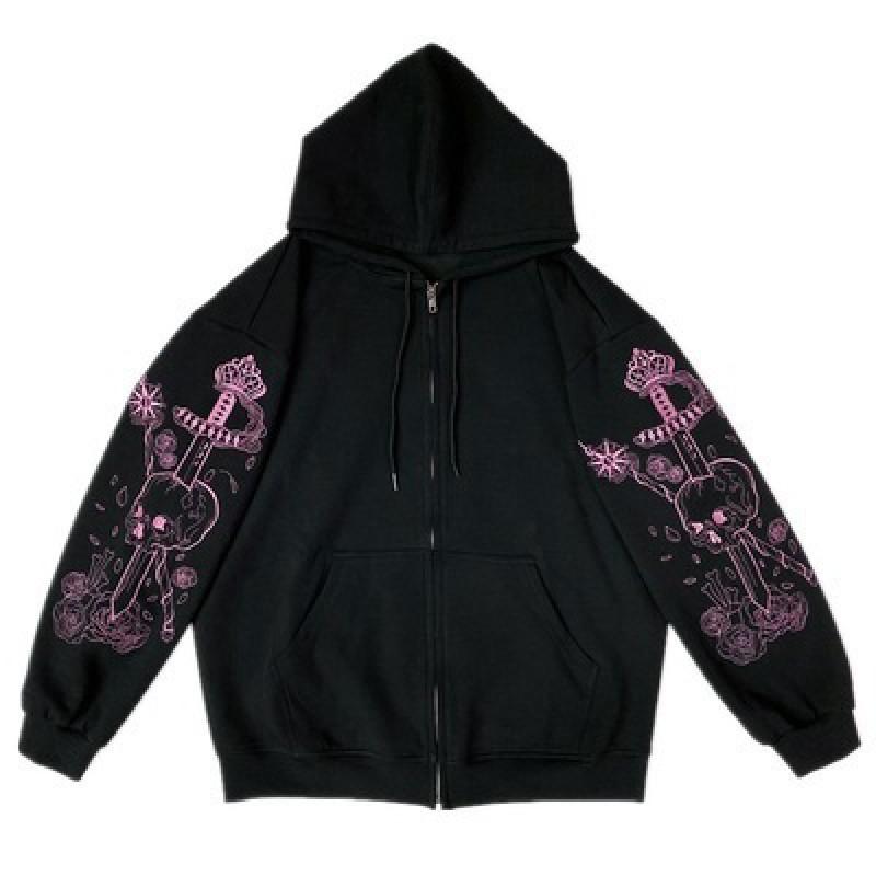 Womens Loose Zip-Up Hoodie Y2K Streetwear Graphic Print Casual Jacket