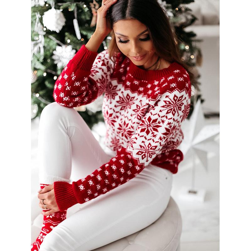 Women S Christmas Snowflake Jacquard Knit Sweater Loose Fit Round Neck Pullover