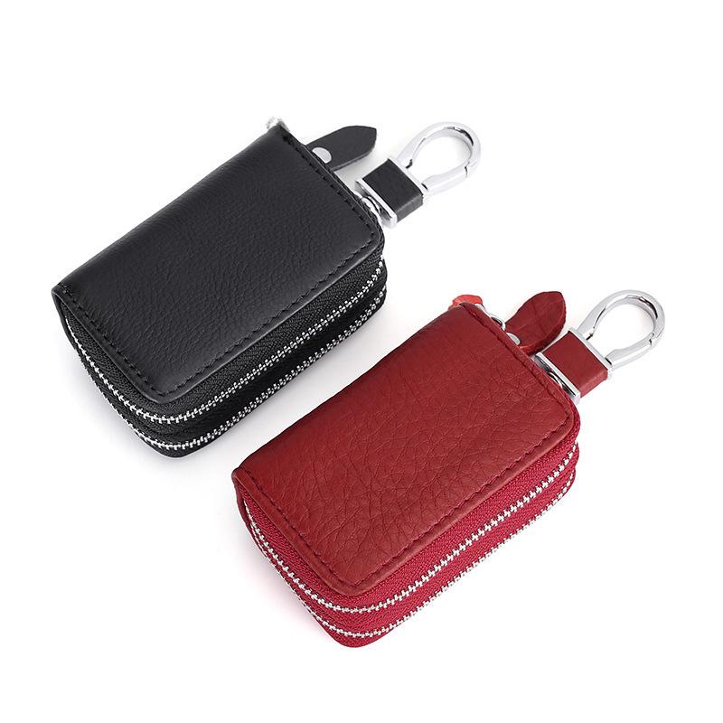 Genuine Leather Double Zipper Car Key Bag with Waist Hanging Key Chain for Men