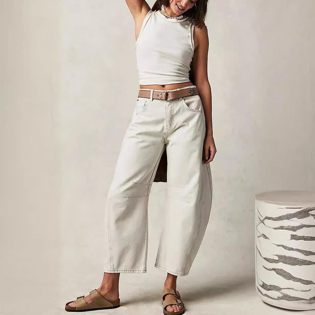 2024 Женские джинсы из выстиранного денима широкого кроя со средней/низкой посадкой