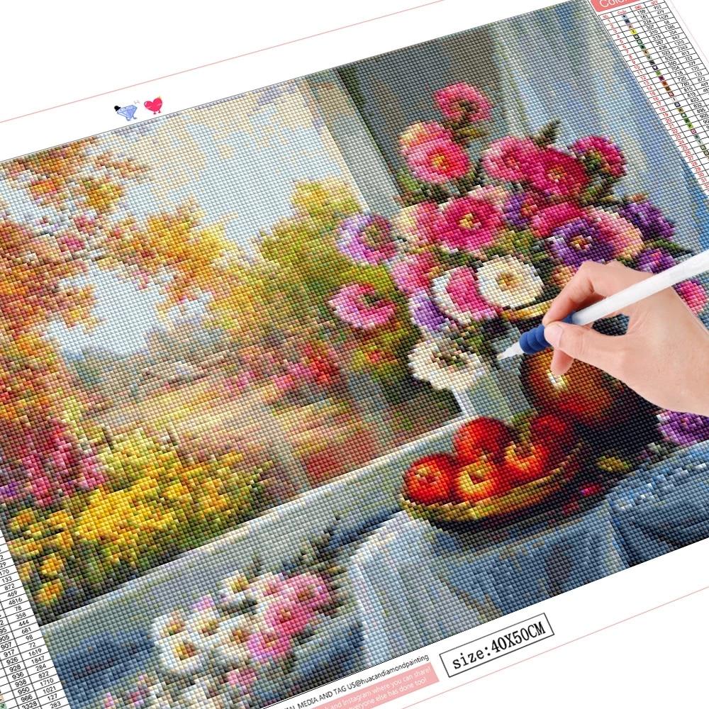 5D DIY Алмазная картина Цветочная мозаика Окно Полный дрель Алмазная вышивка Ремесленный комплект Изображение Горный хрусталь Домашний декор