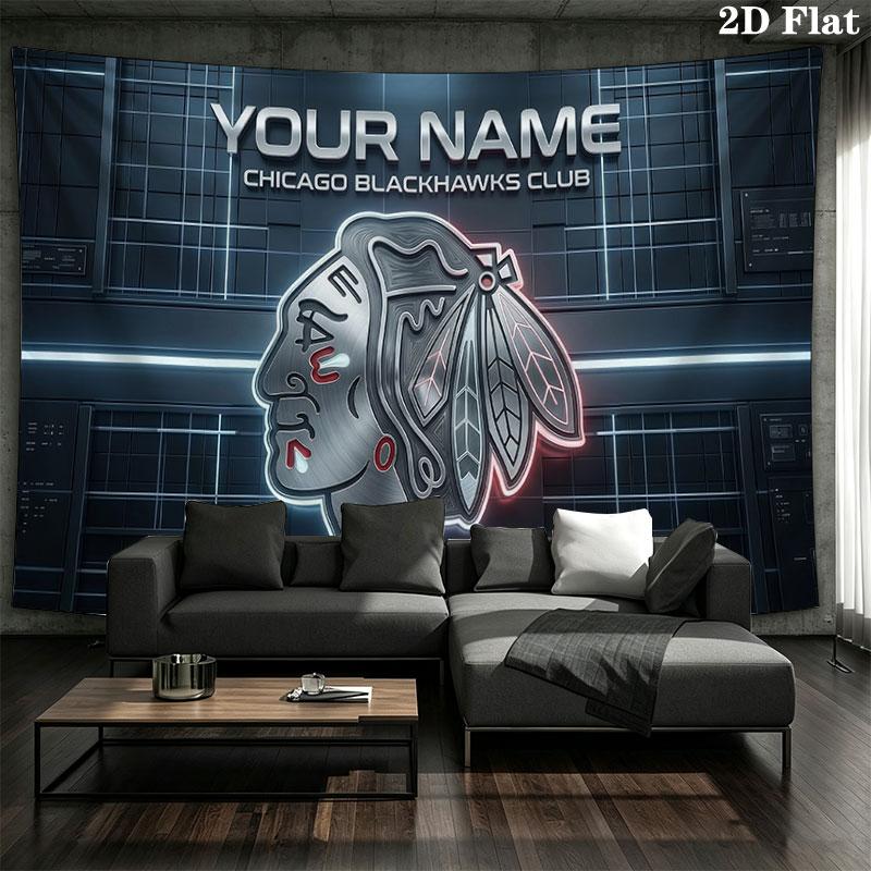 Custom Name,Chicago Blackhawks Wall tapestry, aesthetic printed fabric blanket, suitable for bedroom, living room, and home decor.
