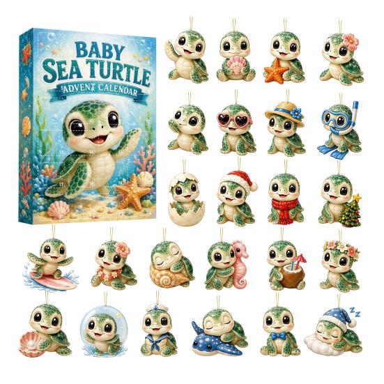 Christmas Advent Calendar Ocean Animal Calendar,24Pcs Acrylic 2D Ornament Set with Turtle Penguin Shell Fish Decor Sea Turtle/Shell/Fish/Penguin/Shark