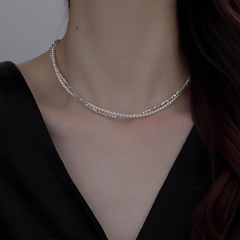 Double Layer Shredded Silver Pearl Necklace - Elegant Women's Clavicle Chain, Versatile Fashion Accessory, French Retro Style