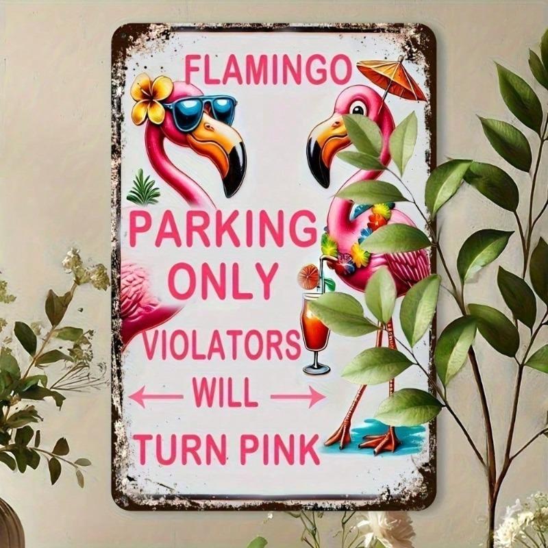 VIBE HAUS Funny Flamingo Parking Only Sign, Large 8x12 Inch Retro Tropical Wall Decor with Glasses & Drink for Patio Bar Garage,