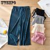 Pleated Wide Leg Pants Girls Summer Loose Slacks Knitted Chiffon Cropped Pants