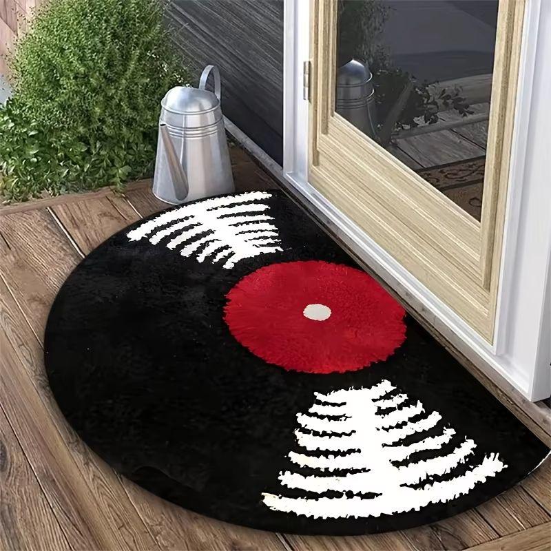 Vinyl Record Half Round Rug Black Red Print Non Slip Mat For Entryway Bedroom Bathroom Music Studio Decor