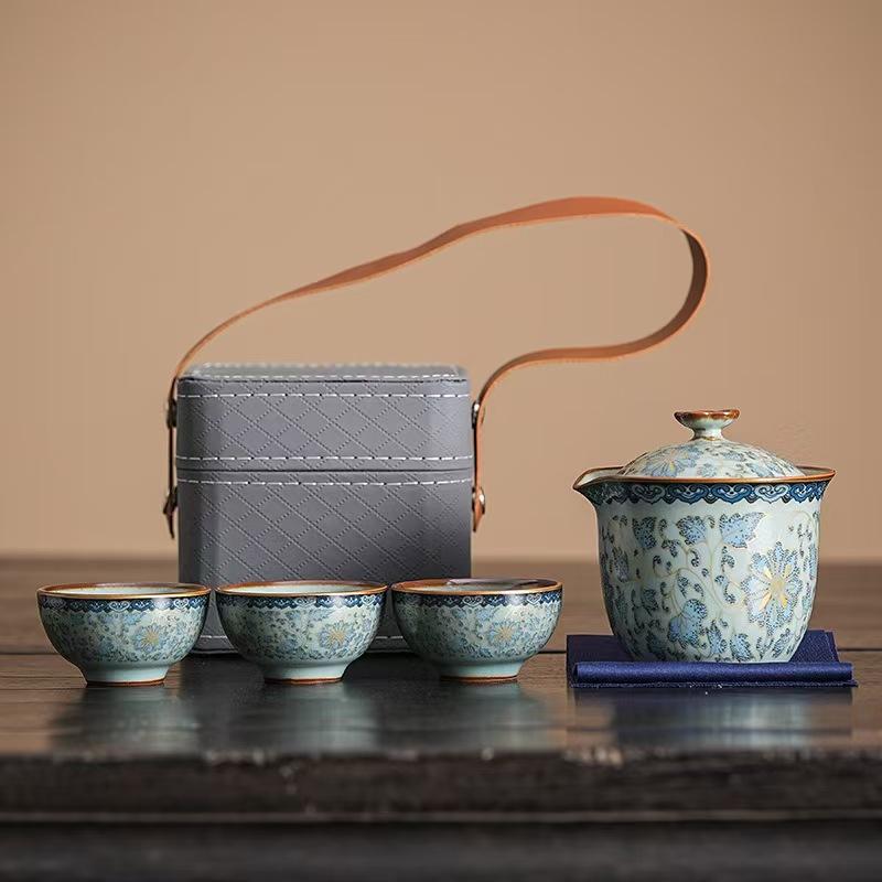 Ru kiln travel tea set, one pot, three cups, blue-and-white ceramic Kuaike cup, business gift, souvenir gift