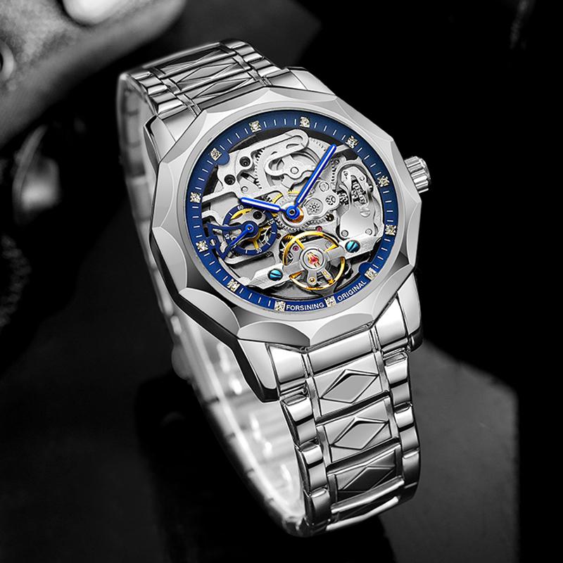 FORSINING Automatic Watches for Men Luxury Design Diamond Skeleton Tourbillon Mechanical Stainless Steel Strap Male Wristwatches