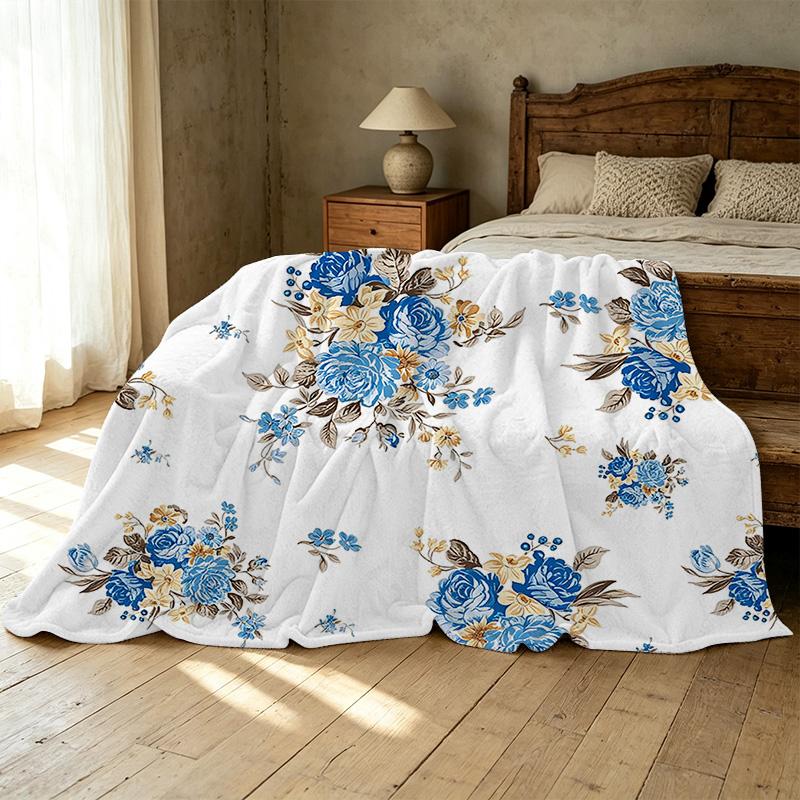 Postpartum Soft Flannel Fleece Blanket, Anti-Pilling Blue & Yellow Floral, Cozy All Season Home Blanket for Casual Lounge, Christmas & Halloween Gifts