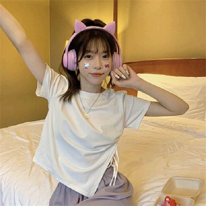 Летние нестандартные футболки с коротким рукавом для женщин, тонкий хлопок, однотонный, со шнурком, повседневная тонкая футболка Harajuku Student Y2k укороченные топы