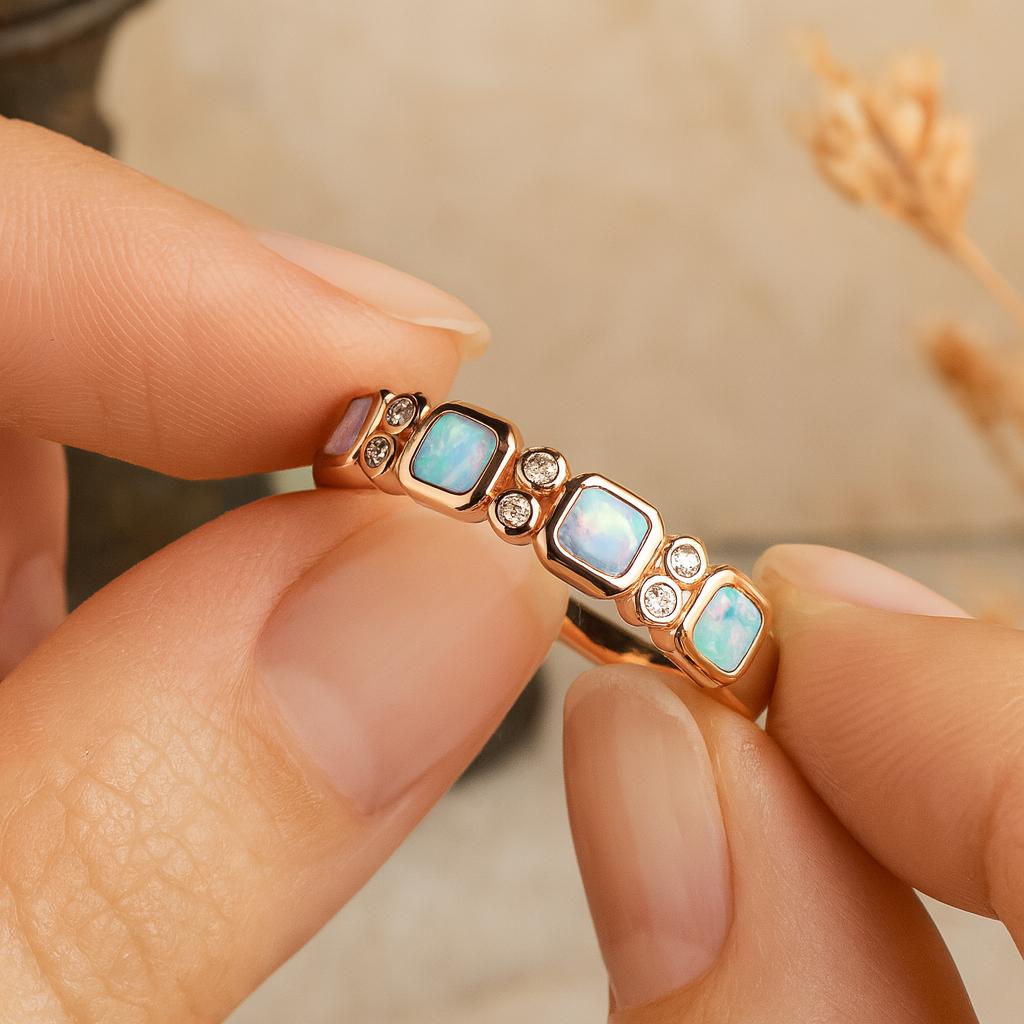 Wedding Engagement Anniversary Promise Gift – Rose Gold Plated Opal Band, Hexagon Cut Opal & Diamond Accent Ring, Dainty Bridal Jewellery for Women