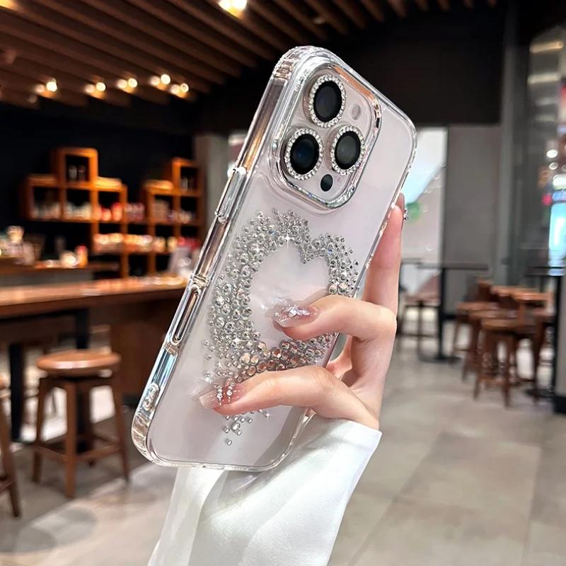 Роскошный 3D Алмазное Сердце Любви Чехол Для Телефона Для iPhone 17 Air 16 15 14 Pro Max Сверкающий Стразами Прозрачный Ударопрочный Бампер