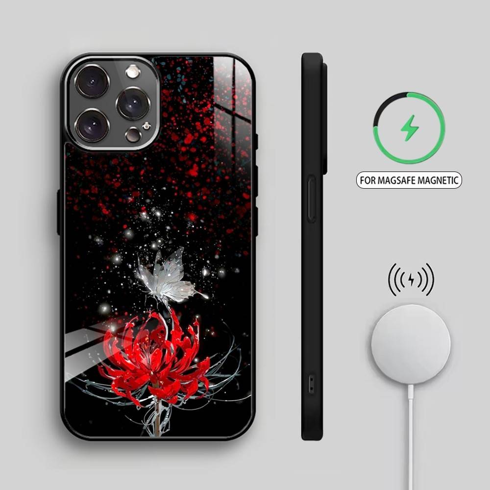 R-Красный S-Паукообразная лилия F-Цветы Чехол для телефона для iPhone17,16,15,14,13,12,11 Plus,Pro Max Магнитный для Magsafe Беспроводная зарядка