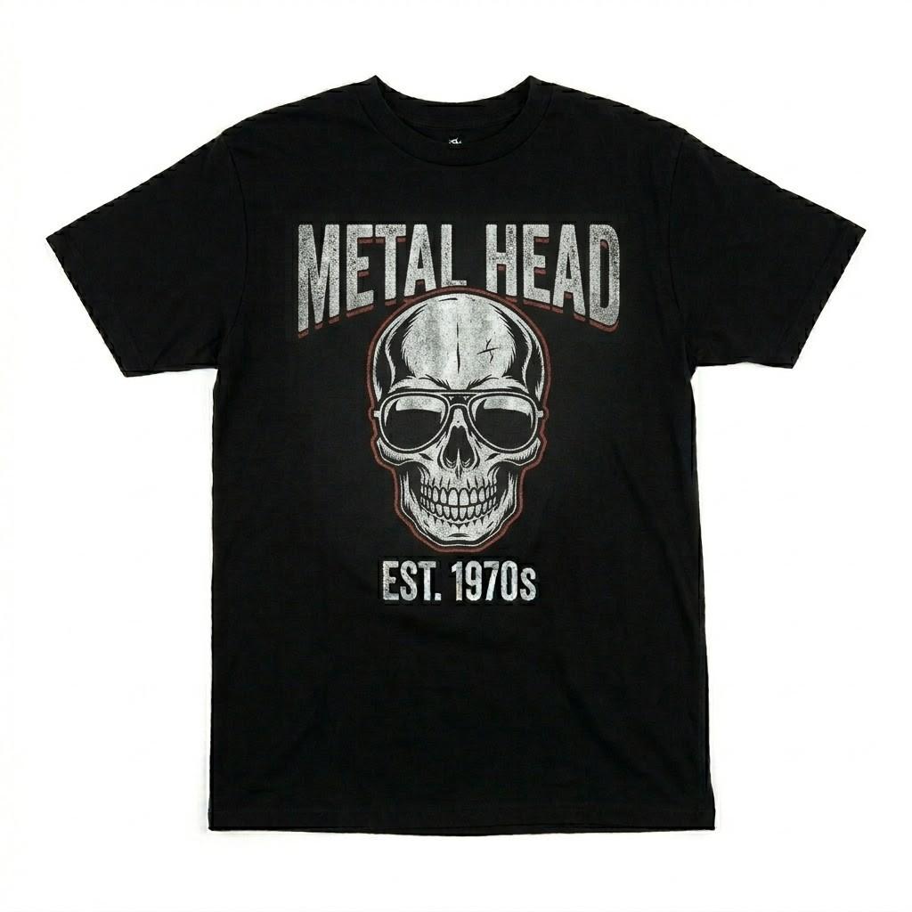 Metal Head Skull Graphic T-Shirt Retro 1970s Biker Heavy Metal Mens Black Tee