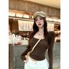 Kumikumi Gyaru Style Retro Brown U Collar Long Sleeves Shirt Women Clothes Autumn Slim Fit Slimming All-Match Base Top