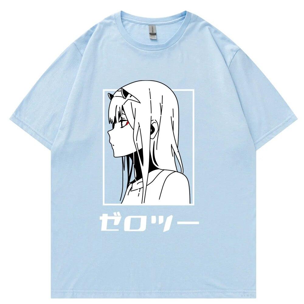 Футболка с японским аниме унисекс Kawaii Cartoon Zero Two Футболка Harajuku Топы унисекс Unisexga Футболки с рисунком Свободные топы унисекс большого размера Футболка