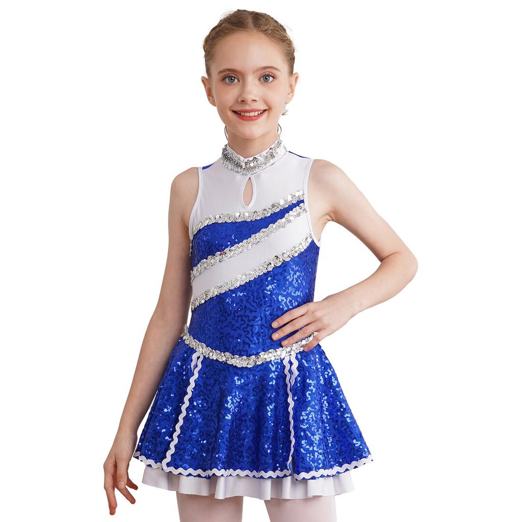 Girls Cheerleading Dress Sleeveless Round Collar Shiny Sequins Patchwork Design with Hidden Back Zipper Dance Costume