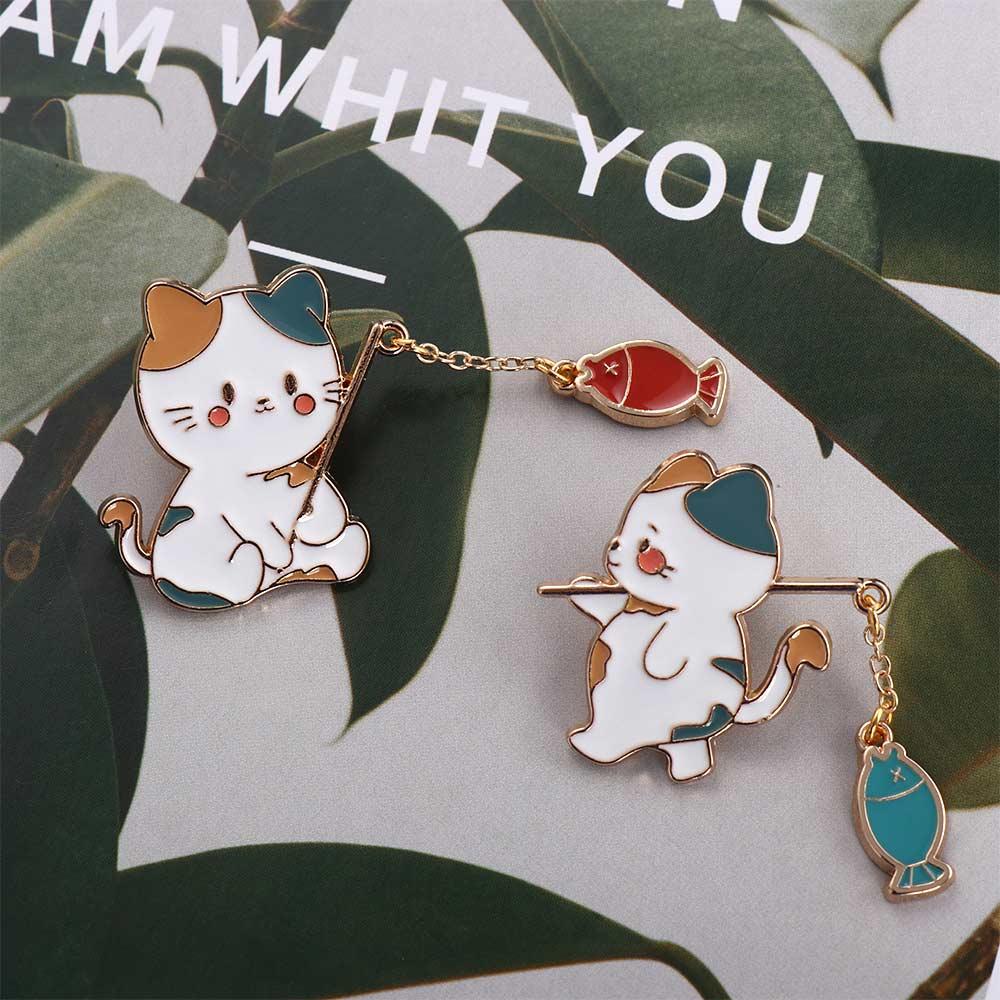 Women Men Decoration Funny Cats School Bag Cat Fishing Brooch Badge Pin Cat Brooch Enamel Brooch